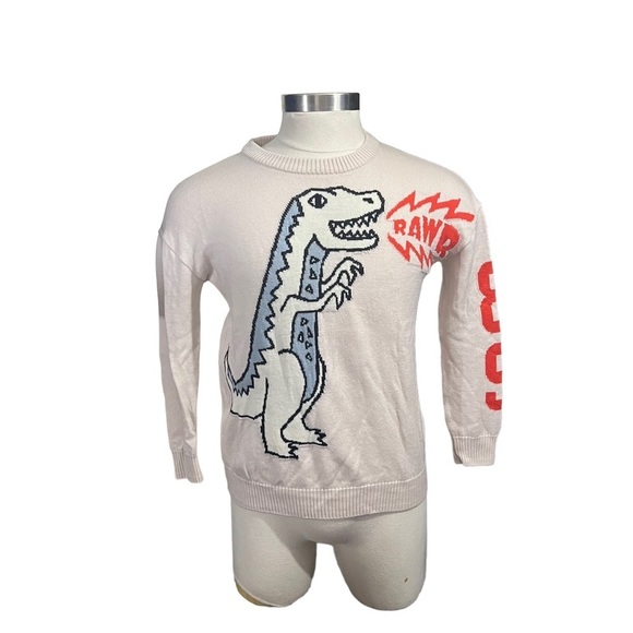 Pearly Gates Golf Men Cream T-Rex Dinosaur 100% Wool Golf Sweater Sz S Spell Out